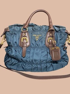 PRADA Gaufre Teal Blue Nylon Boho Leather Bag